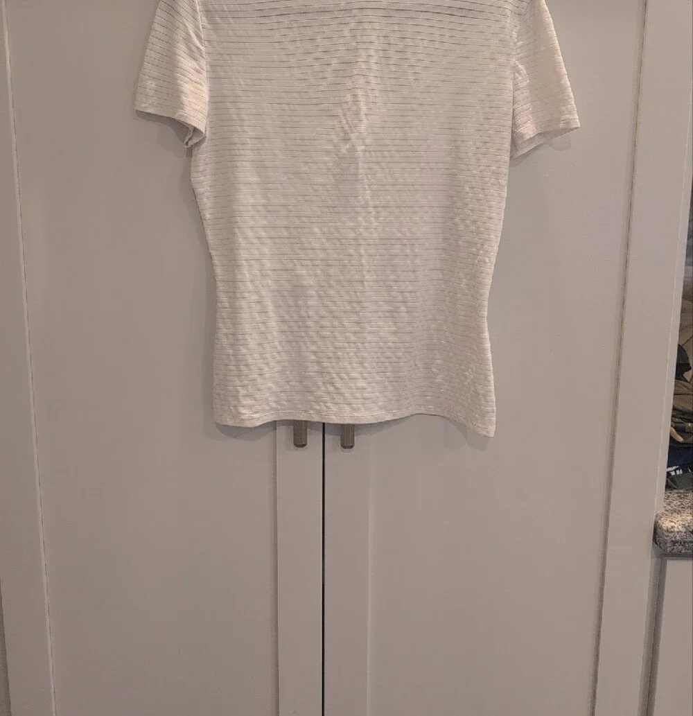 Armani Collezioni White Striped Short-Sleeve Stretchy Scoop Neck Tee Sz 10